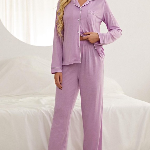 Contrast Piping Button Down Top and Pants Women's Loungewear Set - Picture 1 of 7